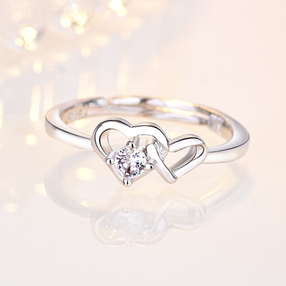**CHICHI* Silver x Gem Double Heart Adjustable Ring - Picture 4 of 7